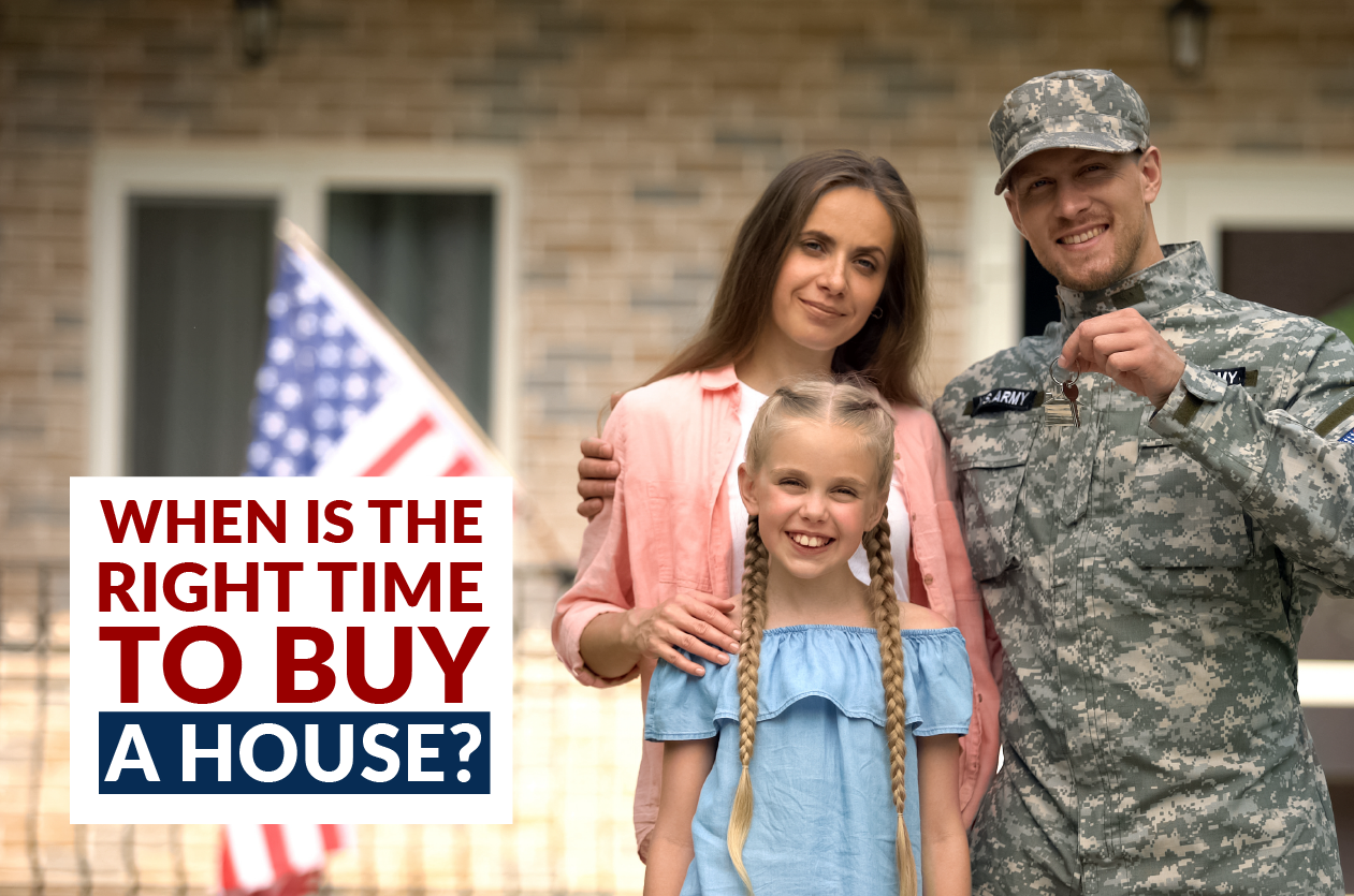 A servicemember and his wife and daughter stand in front of their first home holding their new keys