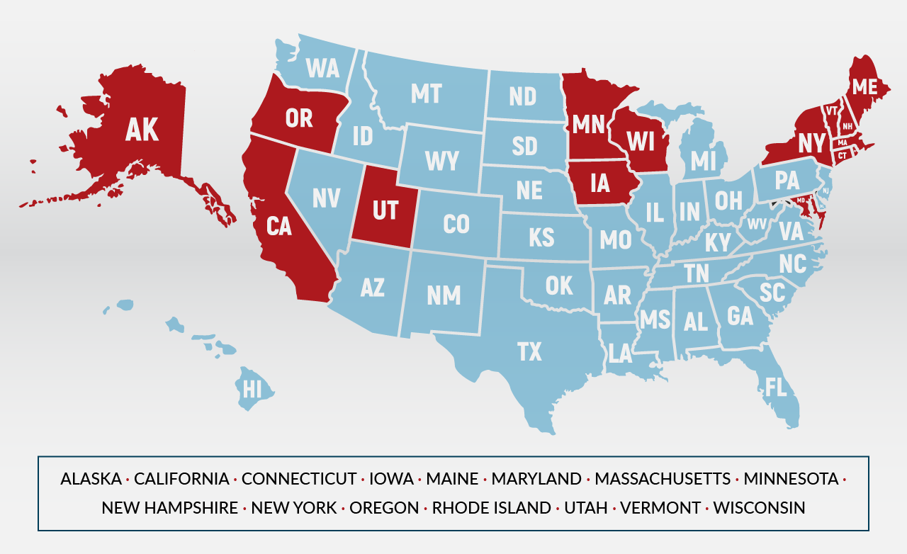 A map showing the fifteen states (Alaska, California, Connecticut, Iowa, Maine, Maryland, Massachusetts, Minnesota, New Hampshire, New York, Oregon, Rhode Island, Utah, Vermont, and Wisconsin) that require escrow accounts to earn interest