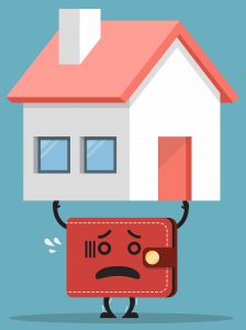 Illustration of a wallet with worried expression holding up a house